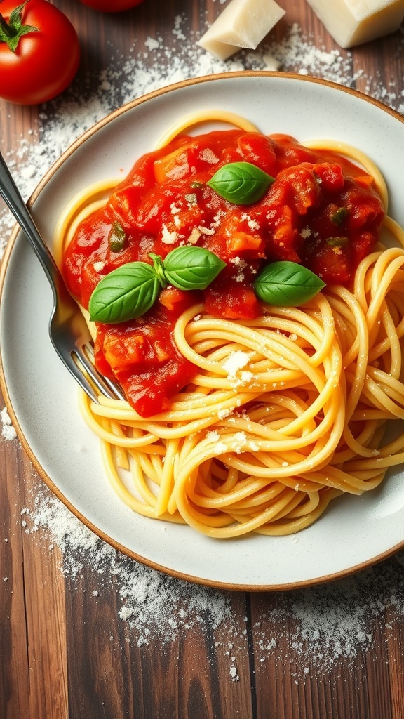 Plate of fresh pasta with tomato basil sauce, garnished with parmesan and basil on a rustic table.